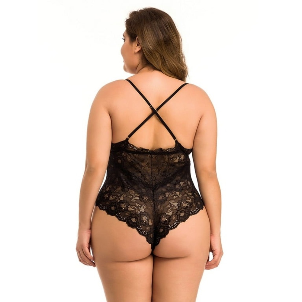 Chama Lace Plus Size V-Neck Backless Lingerie Bodysuit Sleepwear - Picture 3 of 7